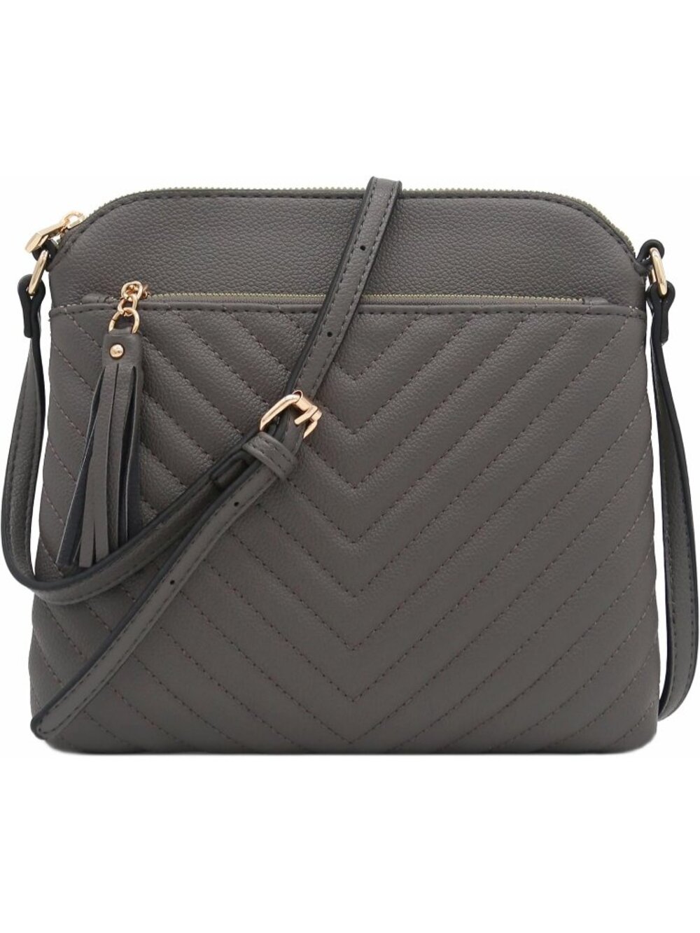 Women 's Grey Smoke Chevron Quilted Medium Tassel Accent Shoulder Crossbody Bag